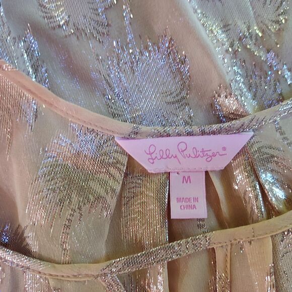 LILLY PULITZER Pink Becca Silk Metallic Palm Tree Split Sleeve Top Blouse Size M - Picture 8 of 13
